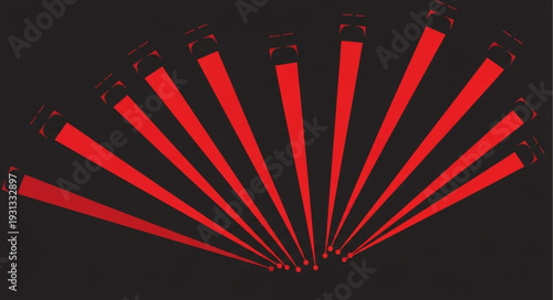 Red laser beams fan out from a central point on a black background.