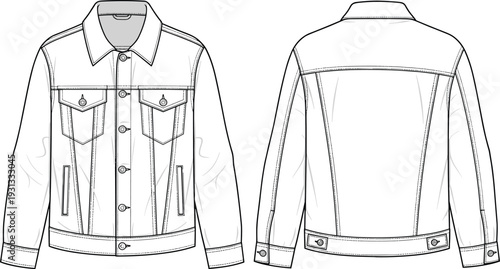 Denim jacket front and back view mockup, classic buttoned casual outerwear template isolated on white background vector illustration