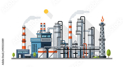 Modern industrial factory complex with smoking chimneys and pipelines.