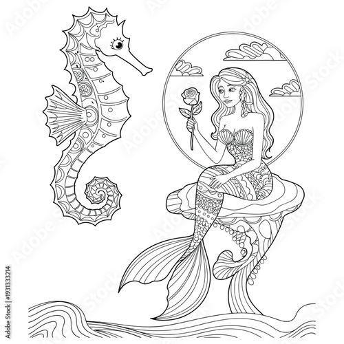 Intricate Mermaid Holding Rose Beside Seahorse Coloring Page Style