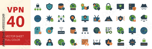 Collection of VPN icons representing security and privacy on a digital landscape viewed from above