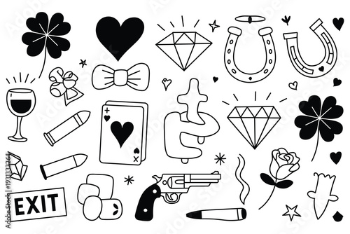 Lucky Symbols and Gambling Icons Collection Hand-Drawn Style