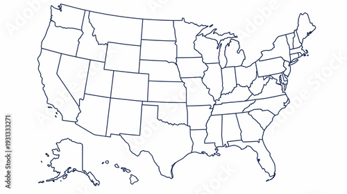 USA Administrative Map Outline featuring Detailed Borders of the 48 Contiguous States with Alaska and Hawaii Insets for Educational Materials Geopolitical Analysis National Logistics Branding