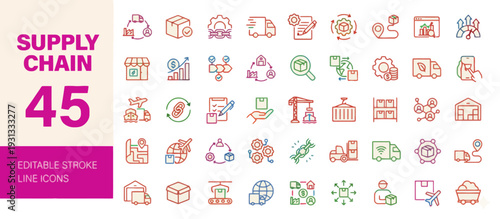Collection of colorful icons representing supply chain management concepts and logistics operations displayed on a clean grid layout