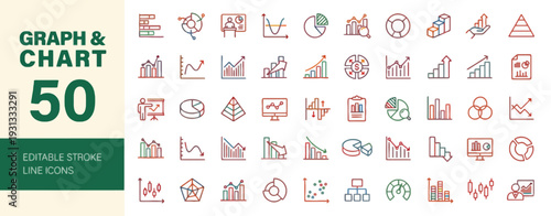 Collection of 50 editable stroke line icons related to graph and chart displayed on a clean white background from a straightforward viewpoint