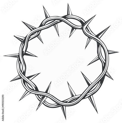Intricate illustration of a crown of thorns with sharp spikes radiating outwards on a white background