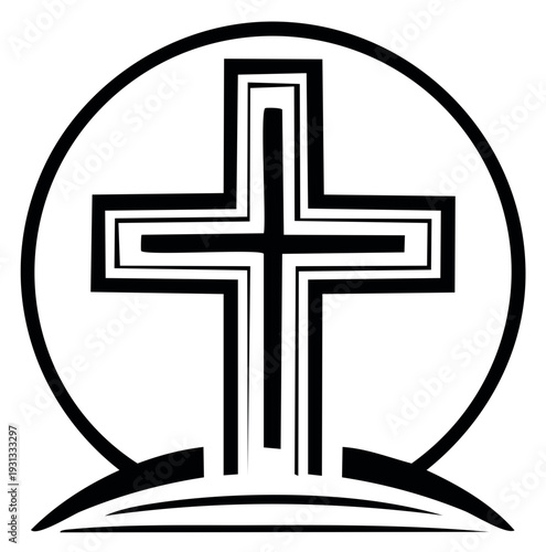 Black and white Christian cross within a circle symbol.