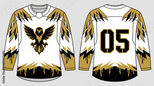 Crewneck Shirt with Majestic Black and Gold Eagle Mascot Bold Gold and Black Jagged Graphics and Player Number 05 for Professional Team Branding Varsity Athletics and Luxury Fan Merchandise Mock-up