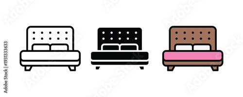 Double bed and bedroom furniture icon set. Comfortable bed symbol for hotel accommodation, interior design, and home furnishing. Vector Illustration.
