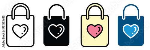 Shopping bag with heart icon set. Romantic gift bag symbol for Valentine's day, wedding favor, and boutique fashion retail design. Vector Illustration.