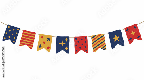 Red and Navy Blue Pennants with Yellow Stars Stripes and Polka Dots for Party Planning Marketing Nursery Decor Branding and Holiday Event Promotion Graphic Illustration
