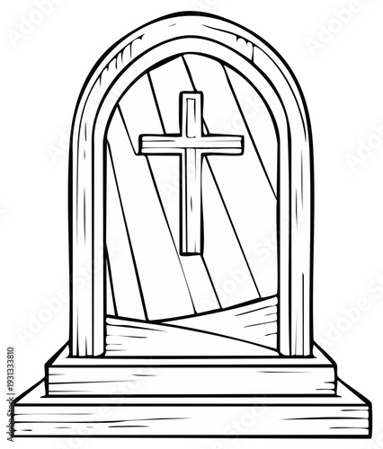 Hand Drawn Christian Cross Tombstone with Wood Planks in Line Art