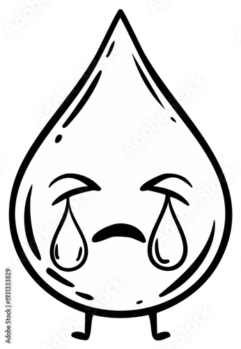 Sad crying water droplet character illustration with simple line art style