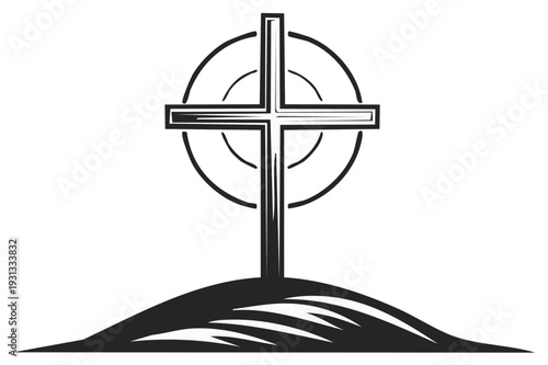 Christian Cross on Hill with Circle Symbol, Religious Symbolism, Faith and Spirituality