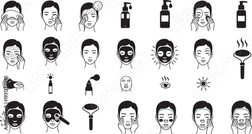 Black and white of woman's face with various skincare products and treatments facial treatments beauty