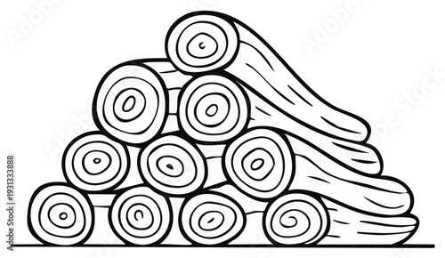 Hand drawn pile of firewood logs, simple black and white doodle style cartoon illustration
