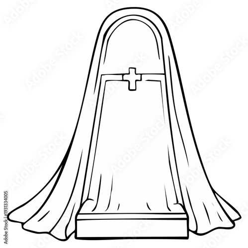 Line art of a grave marker or headstone draped in fabric with a prominent Christian cross symbol