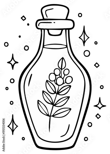 Cartoon illustration of a potion bottle with leaves inside and sparkles, witchcraft concept