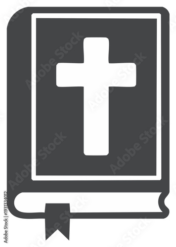 Religious symbol of a cross on the cover of a holy book in black and white.