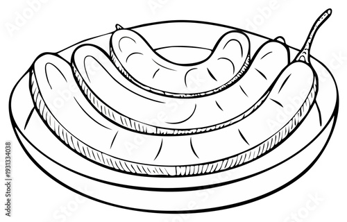 Grilled sausages on plate, monochrome sketch style