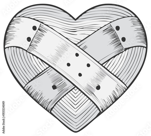 Heart illustration with adhesive bandages for healing love and mending emotions