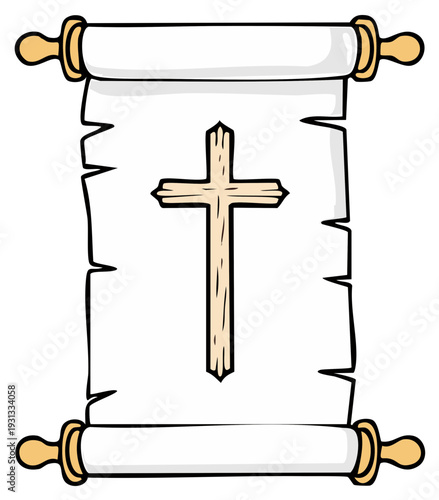 Scroll with a cross religious symbol, cartoon style illustration