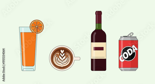Collection of assorted beverages including juice, coffee, wine, and soda.