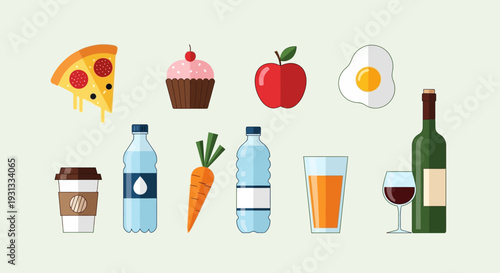 Collection of assorted food and drink items displayed together.