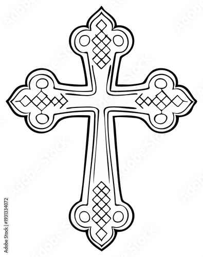 Black and white ornamental Eastern Orthodox cross, religious symbol