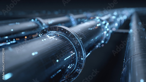 A futuristic pipeline system with glowing blue lights and sleek metallic tubes in a dark background