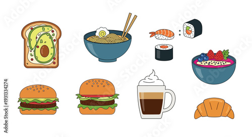 Collection of Delicious Food and Drink Items Illustrated.