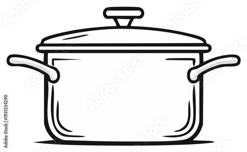 Simple black and white illustration of a cooking pot with lid and handles.