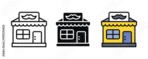 Barbershop and men's hair salon icon set. Storefront symbol with mustache signage for grooming service, male beauty parlor, and haircut business design. Vector Illustration.
