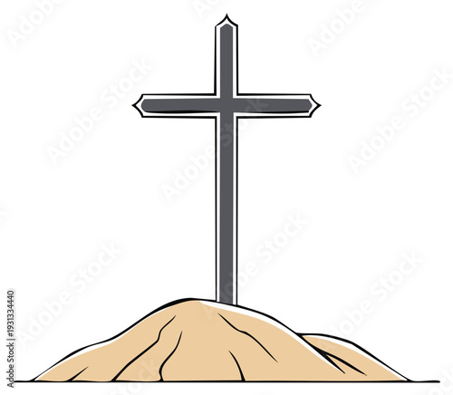 Stylized Christian cross illustration on a small brown mound symbol of faith and remembrance