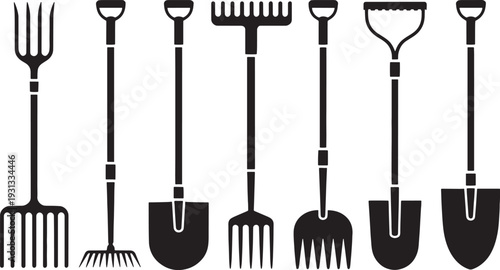 Black silhouettes of gardening tools on white background including shovels rakes and forks