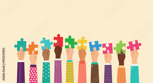 Diverse hands holding colorful puzzle pieces, symbolizing teamwork, collaboration, and unity in a diverse group.