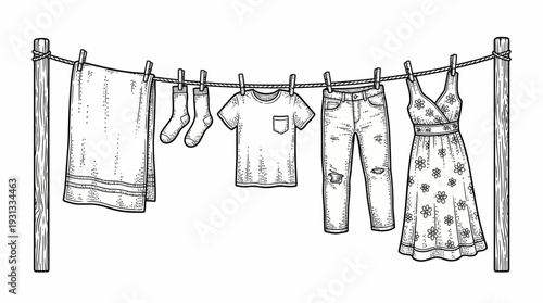 Fresh Laundry with a Towel Socks T-Shirt Jeans and Floral Dress Hanging on a Rope with Wooden Pegs and Posts for Sustainable Fashion Branding Eco-Friendly Home Services and Rustic Lifestyle Illustrati