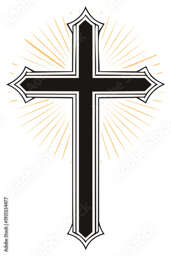 Ornate Black Christian Cross with Golden Light Rays