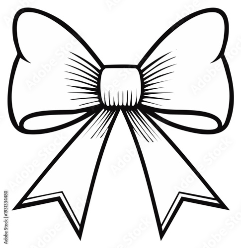 Illustration of a decorative bow with ribbon tails, outlined in black and white with hatched texture