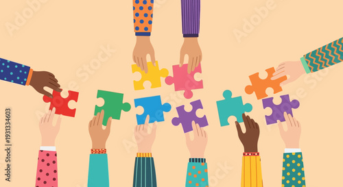 Diverse Hands Holding Colorful Puzzle Pieces Together.