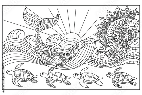 Whale and sea turtles swimming in stylized ocean waves with sun and mandala black and white line art