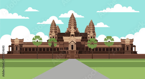 Ancient Temple Complex with Towers and Walkway.