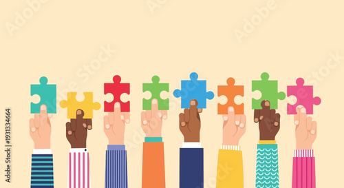 Diverse hands holding colorful puzzle pieces together.