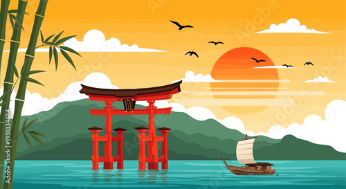 Serene Japanese Landscape with Torii Gate and Sailboat at Sunset.