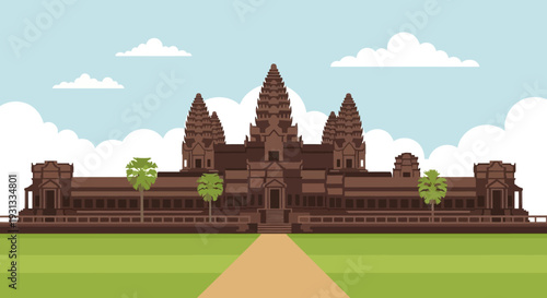 Ancient Khmer Temple Angkor Wat Vector Illustration.