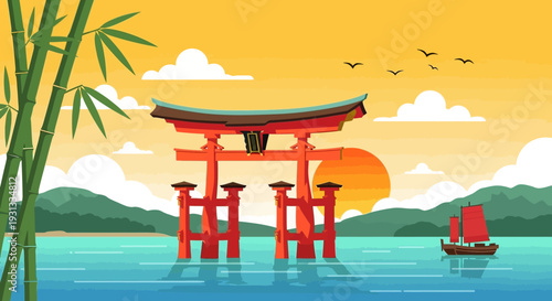 Japanese Torii Gate at Sunset over Serene Water Landscape.