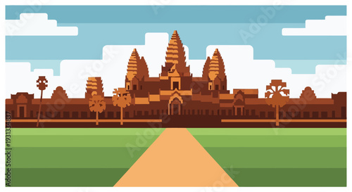 Ancient Angkor Wat Temple Complex Vector Illustration.