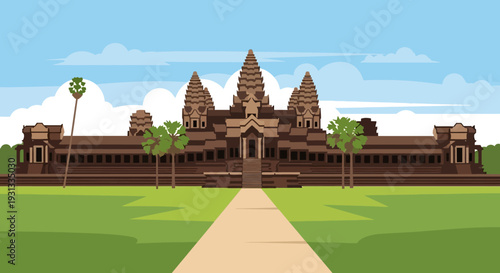 Angkor Wat temple complex vector illustration.
