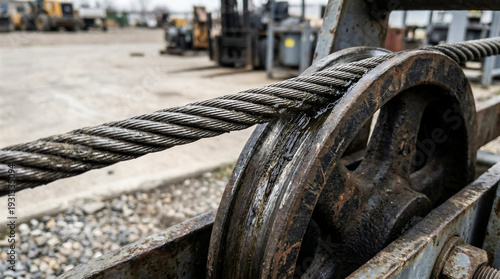 Heavy crane wire rope operating on an industrial lifting sheave pulley in a construction equipment yard