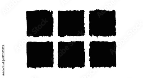 abstract black distressed squares in a 2x3 grid with rough edges on white ideal for graphic design modern art or grunge texture overlays.